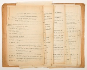 "MINUTES of CONFERENCE between THE PLAYERS' REPRESENTATIVES and THE BOARD OF CONTROL, Held at the New South Wales' Cricket Association's Rooms, Sydney, on Thursday, January 14th 1909". Thirty original typed pages recording verbatim the controversial discussions between Clem Hill, Monty Noble and Frank Laver (on behalf of the Players) and the five members of the Board, on the vexed question of money. Fascinating reading.