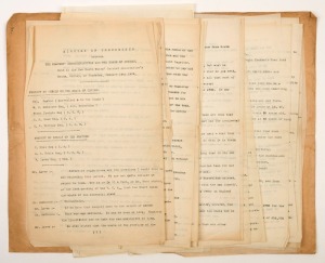 "MINUTES of CONFERENCE between THE PLAYERS' REPRESENTATIVES and THE BOARD OF CONTROL, Held at the New South Wales' Cricket Association's Rooms, Sydney, on Thursday, January 14th 1909". Thirty original typed pages recording verbatim the controversial discu