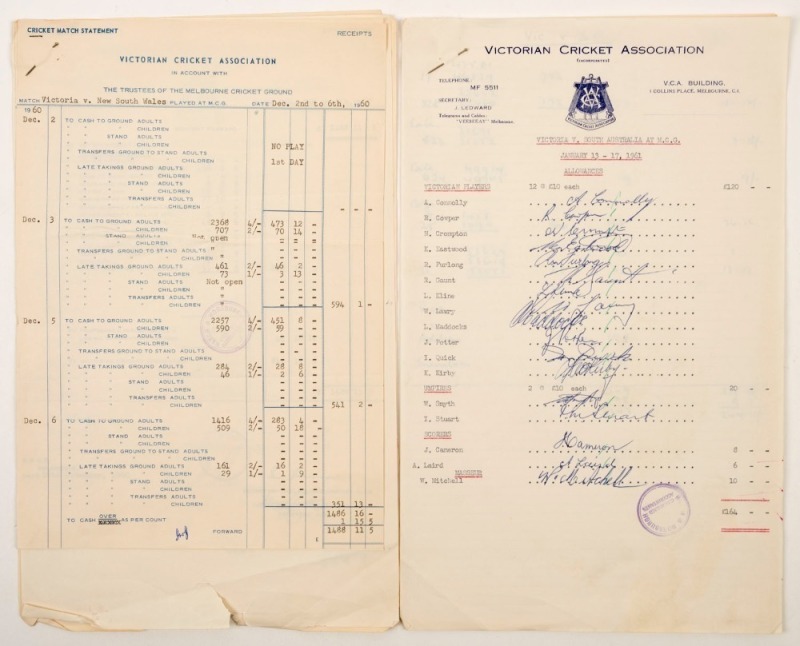 VICTORIAN CRICKET ASSOCIATION: Match reports for Victoria v N.S.W. (Dec.1960) and Victoria v South Australia (Jan. 1961). Accompanying the financial details and numbers attending, a fully signed Victorian Team sheet accompanies each report. The 1960 Team