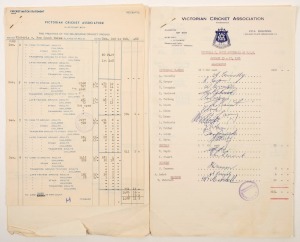 VICTORIAN CRICKET ASSOCIATION: Match reports for Victoria v N.S.W. (Dec.1960) and Victoria v South Australia (Jan. 1961). Accompanying the financial details and numbers attending, a fully signed Victorian Team sheet accompanies each report. The 1960 Team includes Gaunt, Kline, Lawry, Maddocks, Meckiff, McDonald and Potter. The 1961 Team includes Connolly, Cowper, Crompton, Kline, Lawry, Maddocks and Potter.