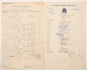 VICTORIAN CRICKET ASSOCIATION: Match reports for Victoria v N.S.W. (Dec.1960) and Victoria v South Australia (Jan. 1961). Accompanying the financial details and numbers attending, a fully signed Victorian Team sheet accompanies each report. The 1960 Team 