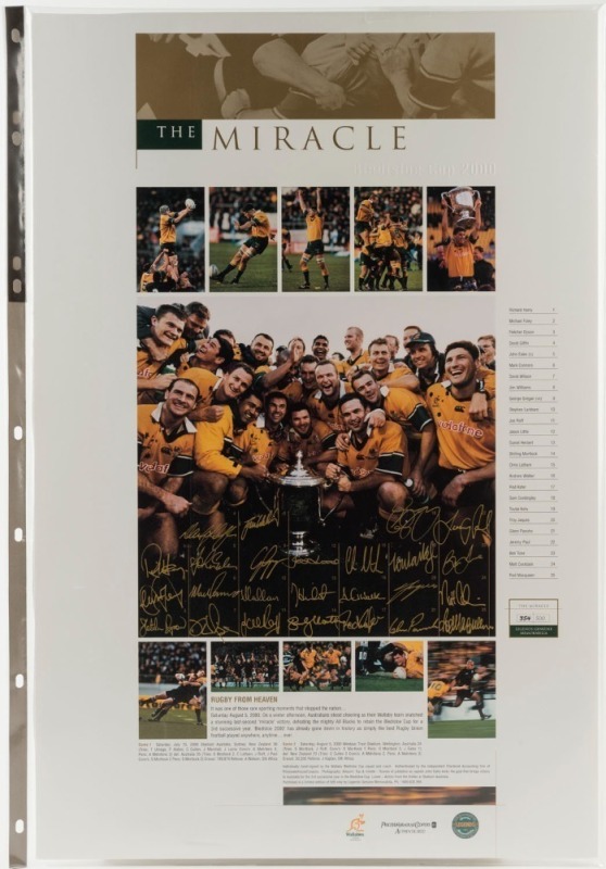 "The Miracle - Rugby From Heaven" limited edition poster (#354/500), signed by all 25 members of The Wallabies team which won the "Bledisloe Cup 2000" against The All Blacks. With PWC /Legends CofA. Overall 62 x 42cm.