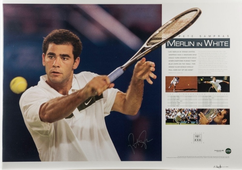 PETE SAMPRAS, original signature on limited edition (#161/250) "Merlin in White" poster, with PWC/Legends CofA. Overall 45 x 65cm.