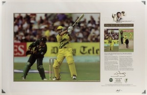 "WAUGH STORIES - ONE DAY AT HEADINGLEY" photographic display signed by Steve Waugh, limited edition (#175/350) with details of his 120 not out v South Africa during the 1999 Cricket World Cuyp in England. With PWC/Legends CofA; overall 35 x 55cm.