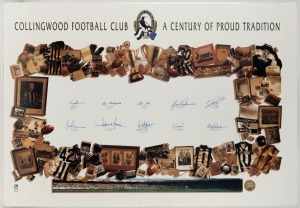 "COLLINGWOOD FOOTBALL CLUB - A CENTURY OF PROUD TRADITION" limited edition display (#26/1000) signed by ten Collingwood greats, including Tony Shaw, Lou Richards, Bob Rose, Len Thompson, Peter Daicos and Des Tuddenham. Overall 70 x 100cm. 