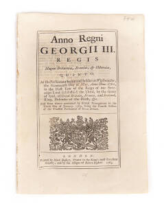 English Parliamentary Act of 10th January 1765, concerning the determining of LONGITUDE which was eventually resolved with the invention of the marine chronometer by the English clockmaker, John Harrison. Printed by Mark Baskett (4 pages)