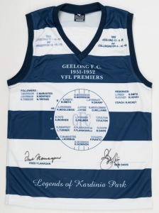 GEELONG: "Legends of Kardinia Park - 1951-52 VFL Premiers" commemorative jersey signed by Fred Flanagan and Bob Davis (at a private signing in 2006).
