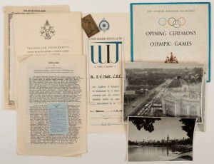 An archive of documents and letters from the estate of E.J.H. HOLT, Technical Director, Olympic Games, Melbourne, 1956: (16 items, comprising of letters, documents, photos, a recording and a small bronze plaque).