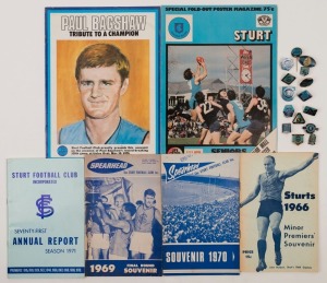 STURT FOOTBALL CLUB: A collection of items including "Sturts 1966 Minor Premiers' Souvenir", 1969 final round souvenir "Spearhead", 1970 souvenir "Spearhead", 1971 Annual Report, 1976 fold-out wall poster, 1979 Paul Bagshaw tribute plus a range of 1970s -