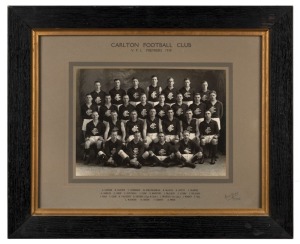 CARLTON FOOTBALL CLUB V.F.L. PREMIERS 1938, superb team photograph by Allen Studios, Collingwood, in contemporary frame; with player's names printed to lower mount. Superb condition, overall 46 x 56cm. Carlton 15.10 (100) defeated Collingwood (13.7.85) in