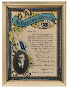 FREDERICK JOHNSON: Fred Johnson played 77 games for Carlton between 1918 and 1924, when he retired from the game. The Committee presented him with an illuminated manuscript, signed by the President, Secretary and Treasurer, "to place on record our high ap