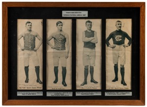 Four full-length Carlton player portraits based on photographs by Barroni, removed from the 1909 edition of "Springs Football Annual": William Payne, Charles Hammond, George S. Johnson and Frank Caine, all pictured in the uniforms on behalf of "G.B. Speci