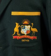 INDIA V AUSTRALIA TEST SERIES 1967 - 68&nbsp; Barry Jarman's&nbsp;Australian Test Team blazer in green wool with the coat of arms and dates "1967-68" embroidered to the pocket.&nbsp;Excellent condition. Provenance: From the Estate of Barry Jarman&nbsp; - 2