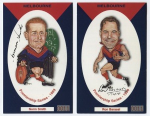 MELBOURNE DEMONS autographed football cards with caricatures by JOHN ROGERS of the 1959 Premiership team. Original autographs except for Don Williams, Ian McLean, Peter Brenchley, and the coach Norm Smith who were all deceased prior to 1999 when this 40th