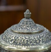 An impressive antique Indian Kutch silver lidded bowl with elephant adornments and original gilt finish, possibly the work of Oomersi Mawji & Sons., 19th century, 17cm high, 755 grams - 7