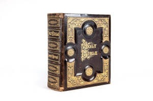 Antique Holy Bible: 19th Century, published by The American Publishing Company [New York]. Brown leather boards with gilt embossed decoration.