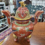 An antique Chinese cloisonne censer with dragon decoration and Foo dog finial, Qing Dynasty, 19th century, with later wooden stand, 25cm high - 4