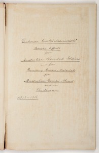 A ledger titled "Victorian Cricket Association's Patriotic Efforts For Australian Wounded Solders and for Providing Cricket Materials for Australian Camps Abroad and in Victoria, 1915-1916". The hand-written ledger records the names, dates and amounts don