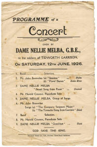 Dame Nellie Melba concert programme to the soldiers of Tidworth Garrison 12th June 1926