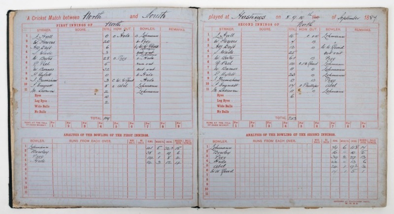 1888-96 The Sixth - Ninth Australian Teams To England: The original scorebook of the Hastings & St. Leonards Cricket Club for 1887-1897, which includes the original scorer's records for matches at Hastings involving four Australian tours: