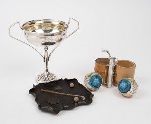 "WHITE COLONEL" vintage golf balls (2) in original paper wrappers by "GOVAN, St. MUNGO MANUFACTURING Co."; together with an antique sterling silver posy&nbsp;brooch in the form of a golf bag (Birmingham, 1909), a "CRESSY GOLF CLUB" silver plated vintage golf t