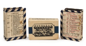CARLTON FOOTBALL CLUB related MATCHBOX COVERS: A group of (3) comprising of an image of the 1915 team (for T.R. Hurry, Tobacconist & Hairdresser); the 1929 Carlton fixture list (for Desert Gold Cigarettes) and the 1939 Carlton fixture list (for Perfection