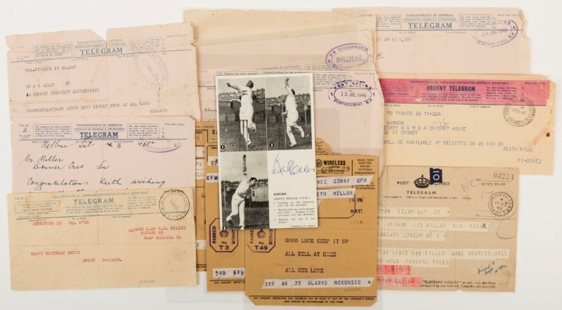 KEITH MILLER: 1942-46 collection of original telegram forms mostly to Keith Miller but two from him. Subjects mostly refer to his cricketing achievements however, some appear to be of a more personal nature. (14 items); also, an original signature on a Sp