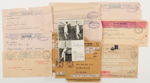 KEITH MILLER: 1942-46 collection of original telegram forms mostly to Keith Miller but two from him. Subjects mostly refer to his cricketing achievements however, some appear to be of a more personal nature. (14 items); also, an original signature on a Sp