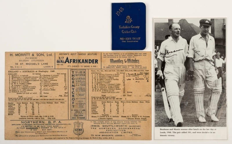 England V. Australia at Headingley, July, 1948: An official scorecard (Bradman 173 n.o. in the second innings); together with a magazine photograph of Bradman and Arthur Morris walking out to bat with original pen signatures by both and a 1948 Yorkshire C