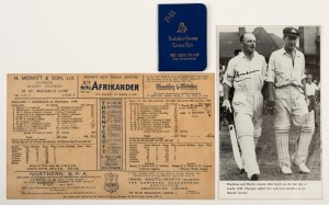 England V. Australia at Headingley, July, 1948: An official scorecard (Bradman 173 n.o. in the second innings); together with a magazine photograph of Bradman and Arthur Morris walking out to bat with original pen signatures by both and a 1948 Yorkshire County Cricket members ticket. (3 items).