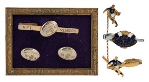 CARLTON Tie-pins and cufflinks: a lovely collection including a very rare 1947 "V.F.L. PREMIERS" tie-pin and cufflinks set; a 1964 Centenary Year tie-pin; a Carlton footballer tie-pin and button-hole pin; and various other single items and sets. (Total:19