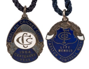 Carlton: 'CFC / Life Member / Carlton Football Club', with number '107' on reverse with K.G.Luke's maker's mark; also a "1964 Centenary Year" membership fob, with number '109' on reverse; made by Bertram. (2, both with original lanyards).