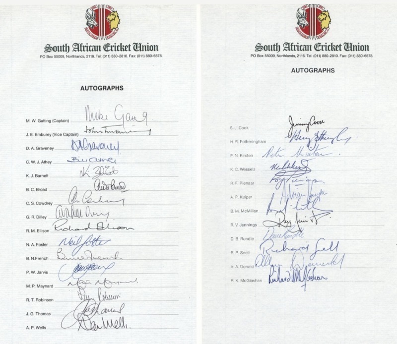 SOUTH AFRICA CRICKET UNION AUTOGRAPH PAGES, (2) headed "1990 - 1991 SOUTH AFRICA vs ENGLISH XI", the first signed by the 12-man South African Squad, the second signed by the 16-man English touring party (Mike Gatting capt., John Emburey, vice capt.). Supe