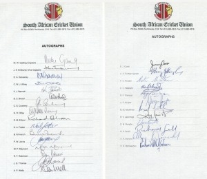SOUTH AFRICA CRICKET UNION AUTOGRAPH PAGES, (2) headed "1990 - 1991 SOUTH AFRICA vs ENGLISH XI", the first signed by the 12-man South African Squad, the second signed by the 16-man English touring party (Mike Gatting capt., John Emburey, vice capt.). Supe
