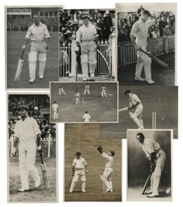 1928-34 group of press and other photographs including Duckworth throwing the ball into the air after catching Bradman to end his world record innings of 334. (7 photographs)