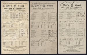 May, July and August, 1945, Lord's Ground scorecards for three charity matches, England V. Dominions, England V. Australia (2). The Australian team was captained by Lindsay Hassett on both occasions; the Dominions team captained by Learie Constantine and 