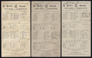 May, July and August, 1945, Lord's Ground scorecards for three charity matches, England V. Dominions, England V. Australia (2). The Australian team was captained by Lindsay Hassett&nbsp;on both occasions; the Dominions team captained by Learie Constantine and 