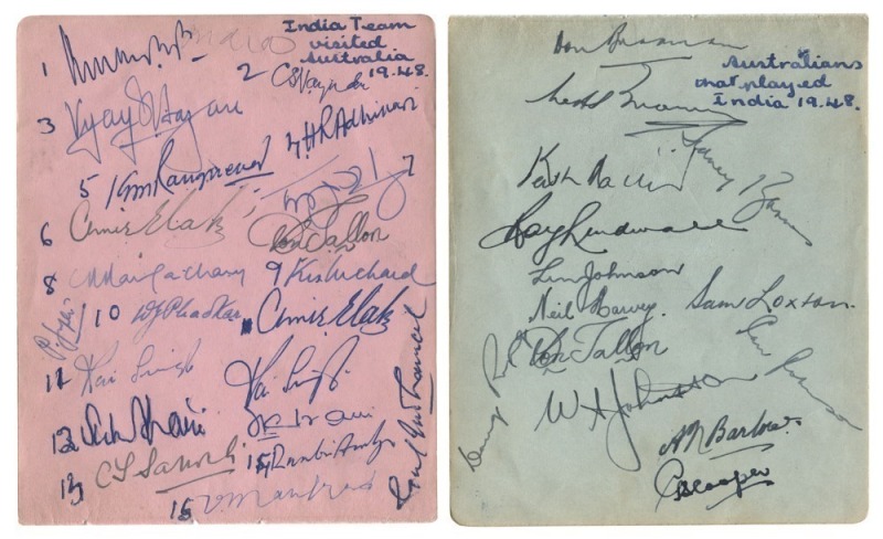 1947-48 Australian V. India in Australia: Two autograph book sheets featuring the complete Australian team (Don Bradman captain) and the Indian Touring Party (Lala Amarnath captain), strong pen signature; all clearly legible and in good condition.