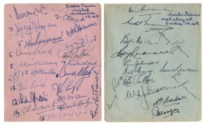 1947-48 Australian V. India in Australia: Two autograph book sheets featuring the complete Australian team (Don Bradman captain) and the Indian Touring Party (Lala&nbsp;Amarnath&nbsp;captain), strong pen signature; all clearly legible and in good condition.