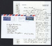 ARTHUR MORRIS: Three sided autographed letter from Morris to a correspondent in England (Sept. 2000) responding to enquiries about Bradman, Jack Crapp, Peter Allen, Simpson, Taylor and others.