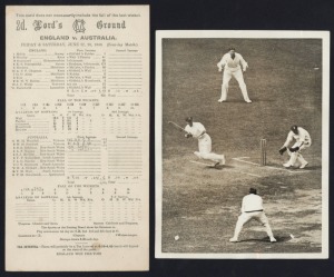 England V. Australia, Lord's, June 1930: An official scorecard (partly printed, partly mss) together with an official press photograph of Bradman playing a ball during his first innings of 254. (2 items)