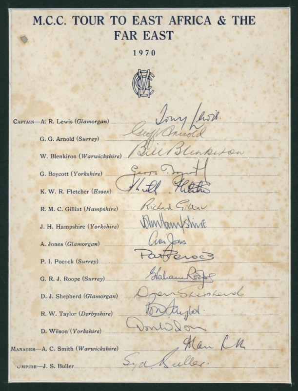 OFFICIAL TEAMSHEETS: 1970 M.C.C. Tour to East Africa and the Far East (15 original signatures), 1980 Australian Cricket Team to Pakistan (17 original signatures) and 1987/88 Sri Lanka Cricket Team Tours of Australian & Bangladesh (18 original signatures)