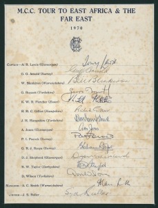 OFFICIAL TEAMSHEETS: 1970 M.C.C. Tour to East Africa and the Far East (15 original signatures), 1980 Australian Cricket Team to Pakistan (17 original signatures) and 1987/88 Sri Lanka Cricket Team Tours of Australian & Bangladesh (18 original signatures) 