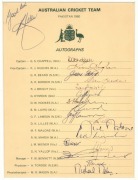 OFFICIAL TEAMSHEETS: 1970 M.C.C. Tour to East Africa and the Far East (15 original signatures), 1980 Australian Cricket Team to Pakistan (17 original signatures) and 1987/88 Sri Lanka Cricket Team Tours of Australian & Bangladesh (18 original signatures) - 2