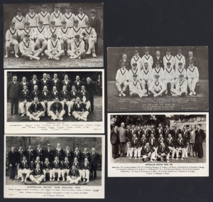 AUSTRALIAN TEST TEAM Photographic Postcards: 1926 (by Bolland), 1930 (Bolland for Jaeger Co., Ltd.), 1934 (by Photo-Work, Brighouse, Yks.), 1938 (by S. & F.) and 1956 (an official team card). (5).