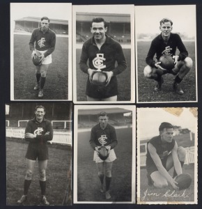A group of 1930s-40s original photos/postcards of individual Carlton footballers; some marked "BOYLES"; noted Jim Mooring, Cyril Mann and Fred Fitzgibbon, (6).