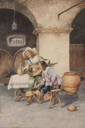 ARTIST UNKNOWN, I.) women dancing in a courtyard, II.) the musician and the gentleman, a pair of watercolours, signed (indistinctly) lower left, both 32 x 22cm. Both in Paul Vacani gilt frames. - 2