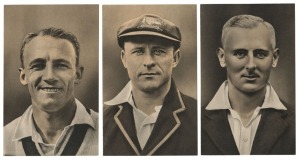 Postcards: 1936 photogravure portrait postcards 'Australian & English Cricketers 1936-37' complete set including Bradman, Brown, Chipperfield, Darling, Fingleton, Fleetwood-Smith, Grimmett, McCabe, Oldfield, and O'Reilly, (20), F/VF condition. Rare as a c