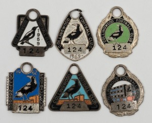 COLLINGWOOD: a collection of early membership fobs, all numbered "124" for 1959 (5th year), 1960, 1962, 1963, 1966 & 1969, (6).