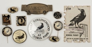 COLLINGWOOD: A duplicated range of badges and pins, together with a 1959 "School" Membership ticket. (11 items).